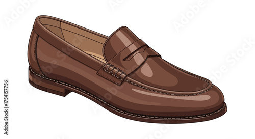 Detailed cartoon drawing of a stylish brown leather loafer with intricate stitching and shading, portraying a blend of elegance and artistry