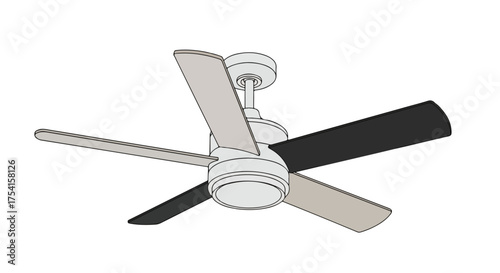 Stylized architectural drawing of a ceiling fan with contrasting blade colors representing air circulation patterns