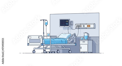 Illustration showcasing a hospital room with an adjustable bed and medical equipment in soft pastel colors to convey a sense of care and clinical