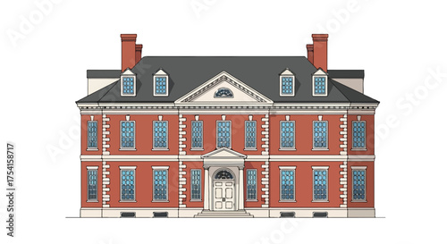 Detailed Architectural Drawing of a Two-Story Mansion with Brick Facade and Elegant Windows, Illustrative Rendering of Neoclassical Building with