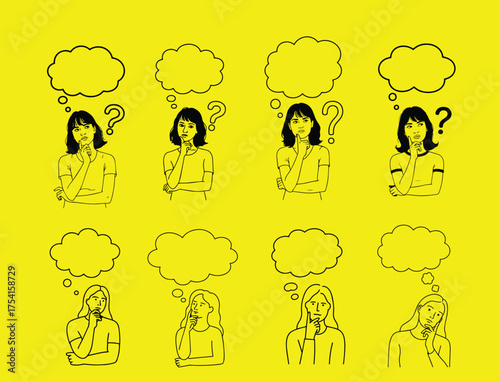 Young women in line art ponder ideas with thought bubbles on a yellow backdrop