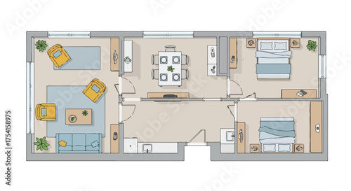 Detailed architectural floor plan showcasing a modern apartment with two bedrooms and open living spaces providing design inspiration for future