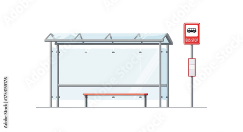 Vector illustration depicting a modern bus stop equipped with a seat and a clearly visible bus stop sign, all presented against a stark white backdrop