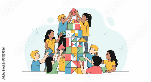 Children Building A Tower Together From Colorful Geometric Blocks