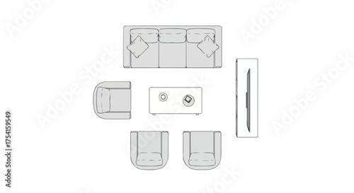 Minimalist living room furniture layout illustration showcasing a modern sofa set and television, a top-down visual representation portraying