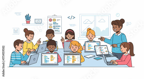 Children Coding Together During An Educational Computer Class Session