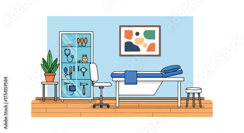 Depiction of a serene medical clinic interior, showcasing diagnostic tools and examination area creating comforting atmosphere for healthcare