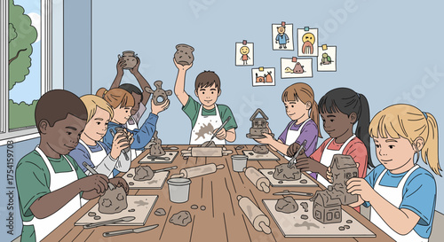 Children Enjoying Pottery Class Together Creating Artworks From Clay