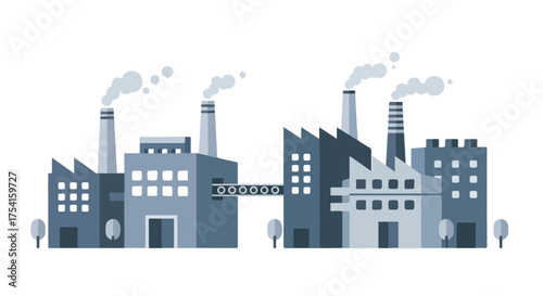 Stylized factory illustration showcasing industrial pollution with minimalist design elements and a muted color palette suggesting environmental