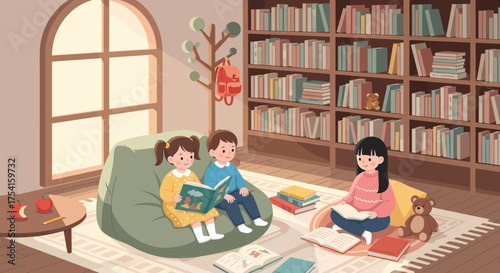Children Enjoying Reading Books In A Cozy Home Library