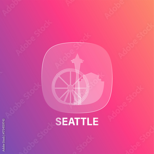Seattle, USA Washington state: icon and logo prototype with glass liquid effect. Flat emblem with shapes of landmarks. Concept for mobile app, sticker, web element.