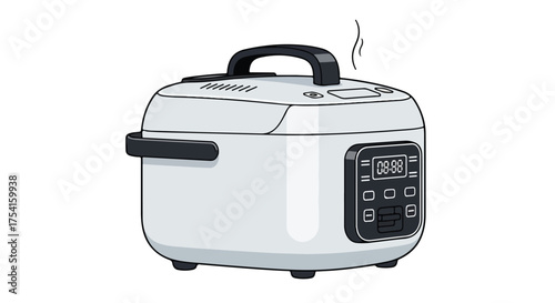 Modern electric rice cooker appliance steaming and preparing a food service cooking device, clean design and automated cooking capabilities