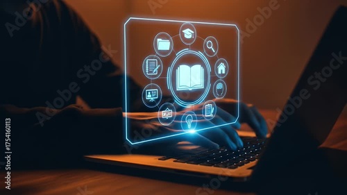 Wallpaper Mural E-learning and online education concept. Online training programs and personalized learning. Person using laptop with E-learning icons on interface screen. Torontodigital.ca