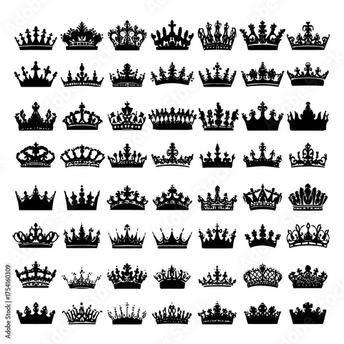 Diverse black crown silhouettes collection. Ornate royal symbols of monarchy, success, power. Vintage king, queen, imperial vector icons.