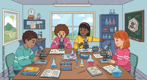 Enthusiastic Students Exploring Science Using Microscopes In Class