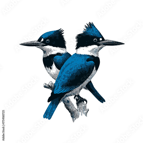 Two detailed kingfisher bird illustrations perched on a branch, showcasing vibrant blue plumage and intricate feathers, wildlife art.