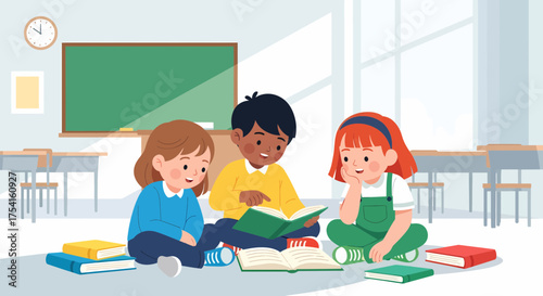 Happy Students Sitting And Reading Together In Classroom Illustration
