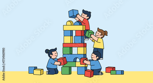 Joyful Children Building Colorful Tower Blocks Together Cartoon Style