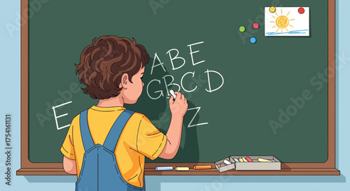 Little Boy Learning Alphabet In School Illustration Artwork