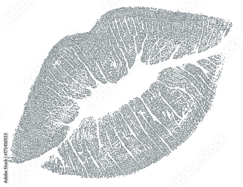 Abstract silver lipstick kiss print with textured detail on a white background
