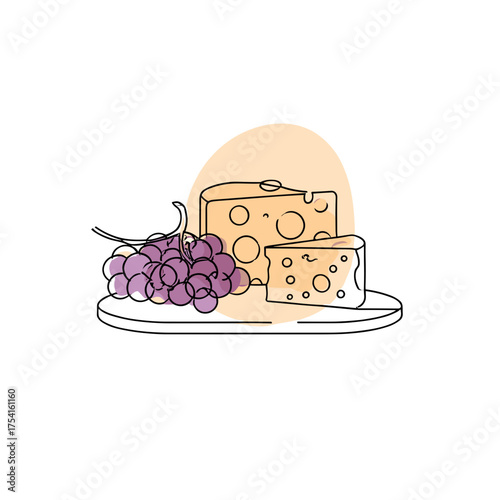 Cheese platter with grapes on plate, appetizer vector icon