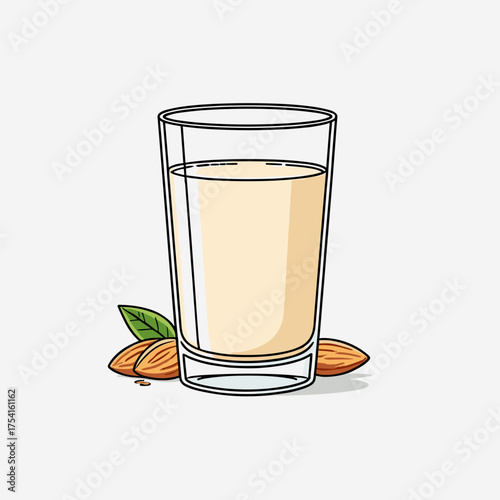 Glass of almond milk with nuts, isolated vector on white