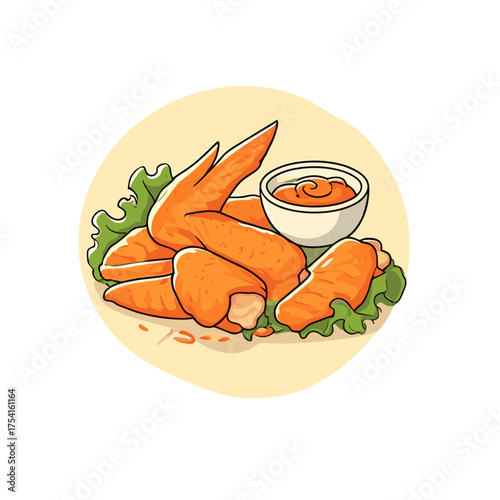 Chicken wings with dipping sauce and lettuce, isolated vector
