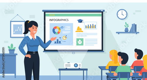 Professional Female Educator Presents Data Charts To Diverse Students