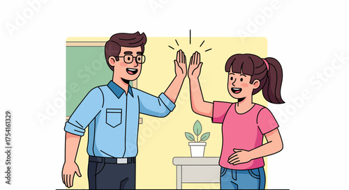 Teacher And Student High Fiving In Classroom Illustration