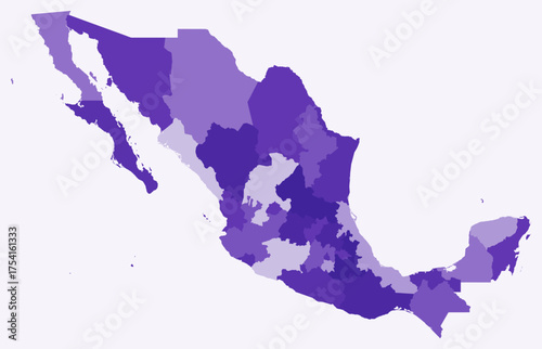 Map of Mexico with regions. Just a simple country border map with region division. Deep purple color palette. Flat United Mexican States shape with administrative division. Vector illustration.
