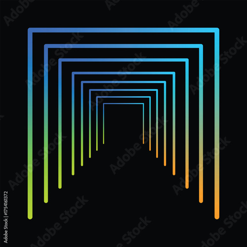 Abstract glowing neon geometric tunnel with colorful lights receding into darkness
