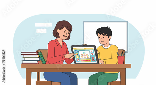Tutor And Student Studying Online With A Tablet Illustration