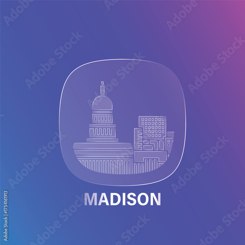 Madison, USA Wisconsin state: icon and logo prototype with glass liquid effect. Flat emblem with shapes of landmarks. Concept for mobile app, sticker, web element