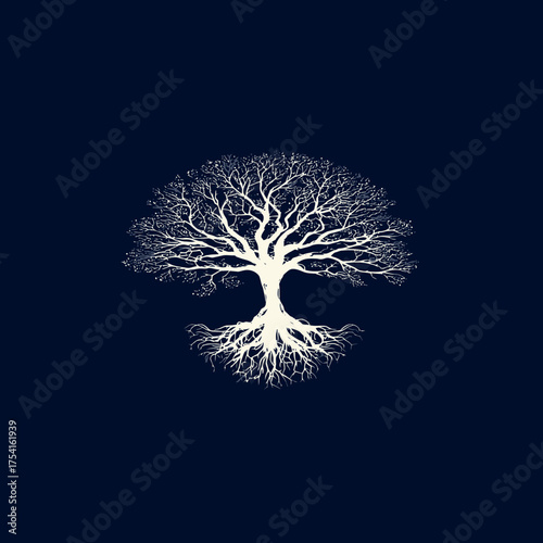 Elegant tree of life silhouette with intricate bare branches and exposed roots, a symbolic graphic design on a dark background, representing growth and nature.
