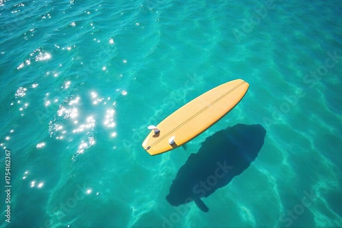Serene Lone Surfboard on Turquoise Water Summer Vacation, Travel, Ocean Freedom