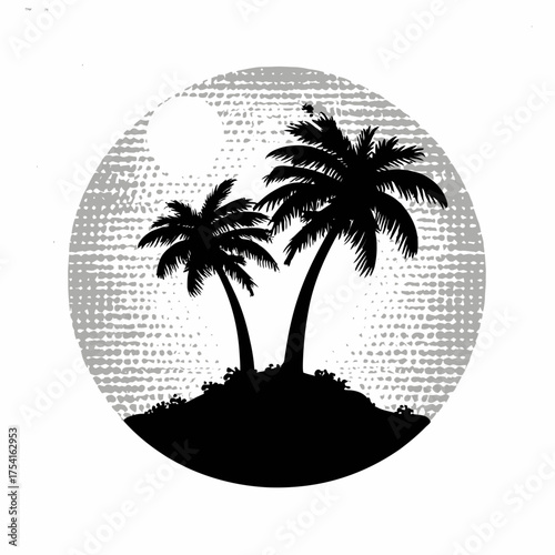 Tropical island with two palm trees silhouette in a textured circle graphic design. Summer vacation, beach travel concept.