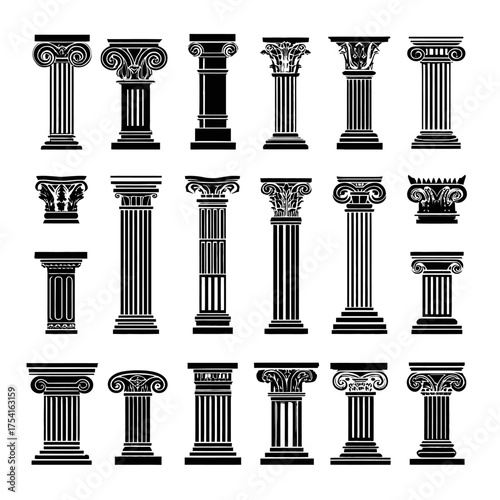 Ancient Classical Architectural Columns Vector Set: Greek and Roman Historical Pillars, Capitals, and Bases as Decorative Design Elements