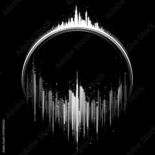 Abstract digital art of glitching lines forming a circular shape with city skyline peaks, modern technology and data concept on black.