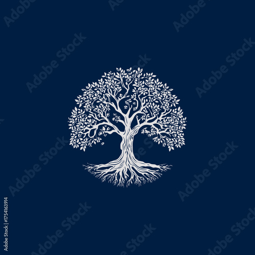 Elegant white silhouette of a mature tree with extensive roots and dense foliage against a deep blue background. Symbol of life, nature, and growth.