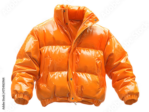 Orange puffer jacket isolated on transparent background