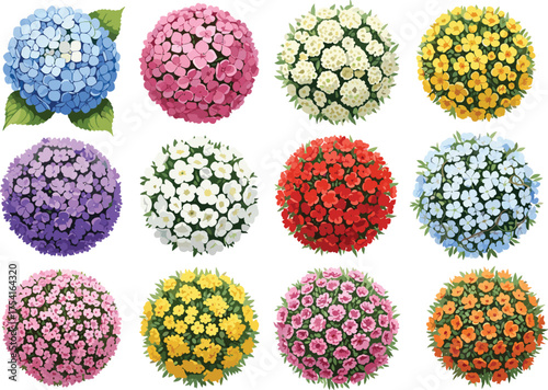 Floral clusters in twelve circular cartoon variants with colorful blossoms and leaf accents, botanical design elements, nature concept, white background