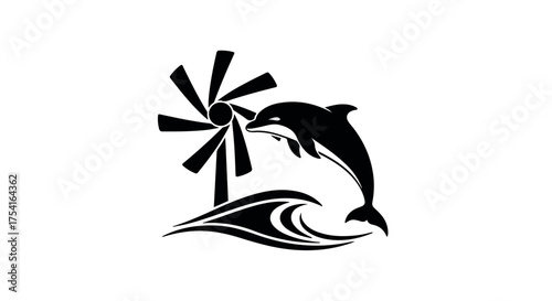 Dynamic dolphin leaps from ocean wave beside a stylized windmill, symbolizing eco-friendly energy and marine life.