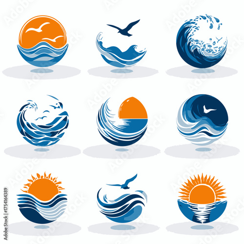 Abstract circular ocean wave, sunrise, and bird vector icons set. Dynamic marine nature symbols for travel and summer design.