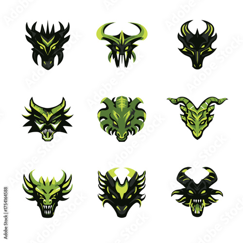 Collection of stylized aggressive creature and animal head mascots for gaming and fantasy themes, dark green vector art set.