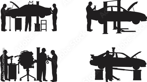 Auto mechanics repairing car in workshop garage, vehicle maintenance service and engine inspection process, automobile industry repair team illustration vector