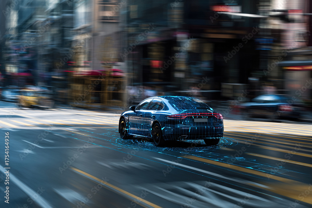 Fototapeta premium An autonomous car navigates a city street. Neural connections and projections surround the car's body.