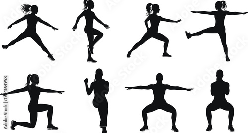 Fitness Exercise Silhouettes, Workout Poses, Lunges, Squats, High Knees, Side Kicks, Stretching, Active Lifestyle, Gym Training, Vector Illustration, Health Concept