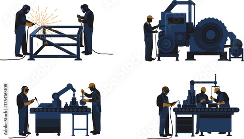 Industrial workers operating machinery and welding in manufacturing factory workshop, teamwork engineering process and heavy equipment production industry illustration vector