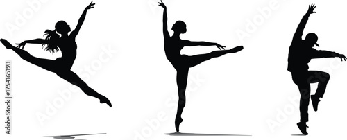 Silhouette illustration of ballet and contemporary dancers performing graceful poses and movements in artistic dance performance concept vector on white background