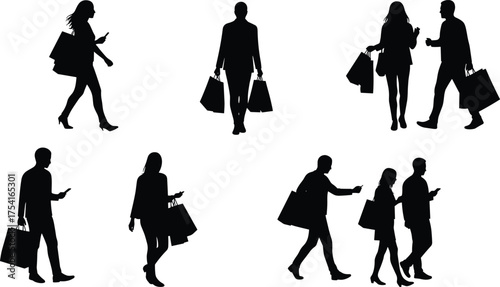 Silhouette illustration of people walking and shopping carrying bags and using mobile phones in modern city lifestyle concept vector art